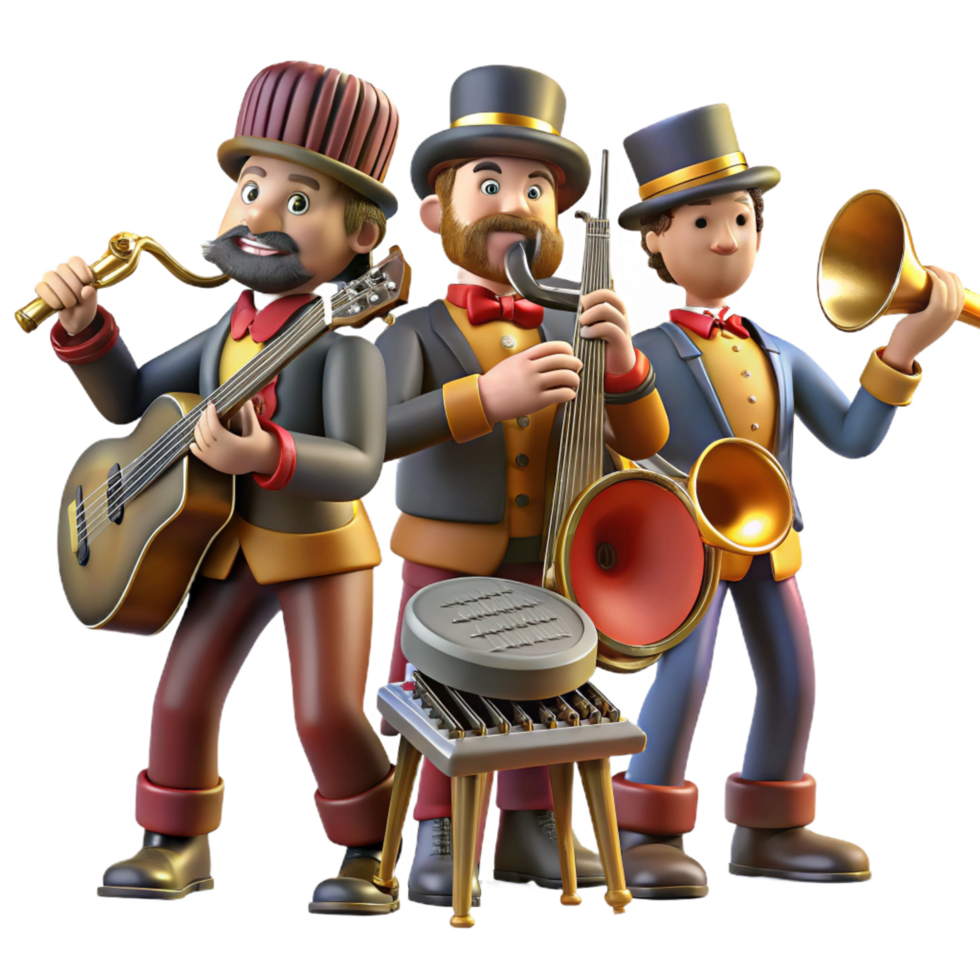 distinguished classic A group of steampunk musicians playing bizarre instruments, energetic, stage lighting, cartoon style artisan png