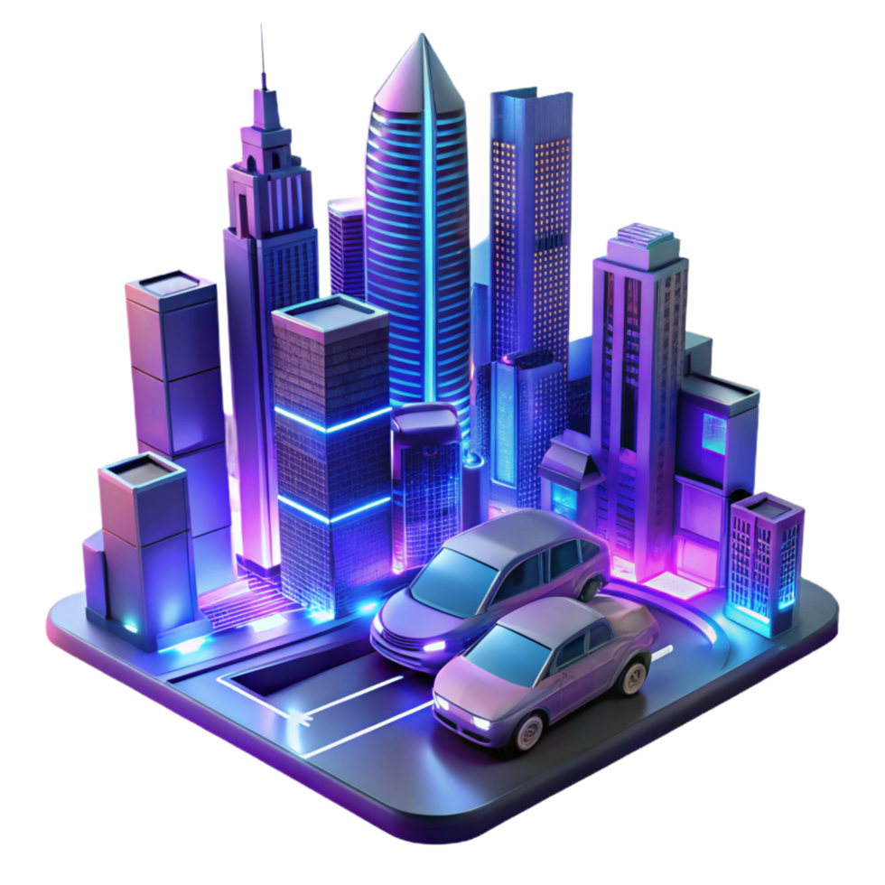 impressive creative A futuristic cityscape at night, flying cars weaving through skyscrapers, neon signs illuminating the scene, vibrant and dynamic, cyberpunk style 4K png
