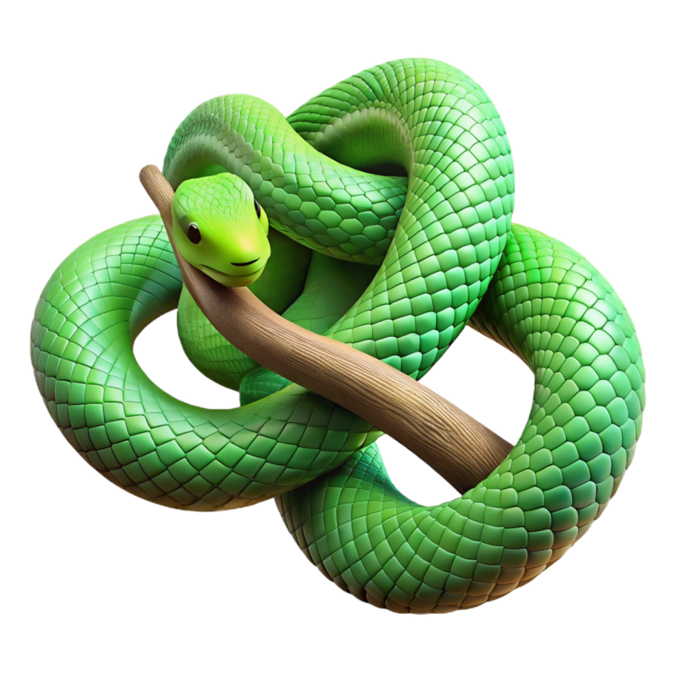 picturesque notable A slithering green mamba coiled around a tree branch, dappled jungle light, hyperrealistic render png