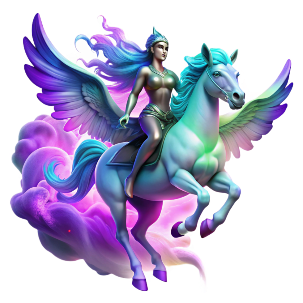 majestic joyful classic A spectral Valkyrie riding a winged horse through a swirling nebula of purple and green, glowing ethereal light, Romantic painting style high resolution png