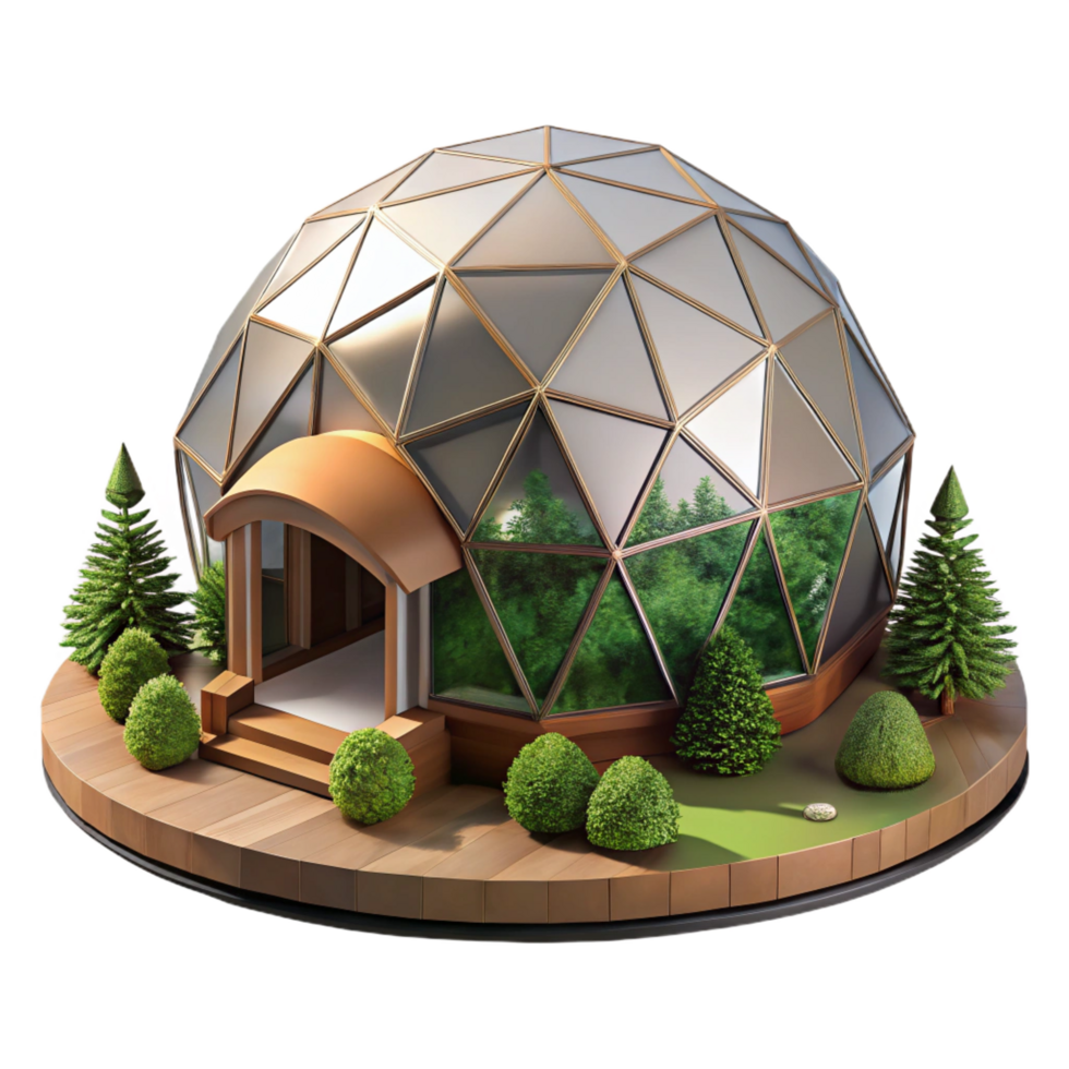 alluring urban A geodesic dome home, surrounded by forest, sustainable architecture, architectural rendering, original png