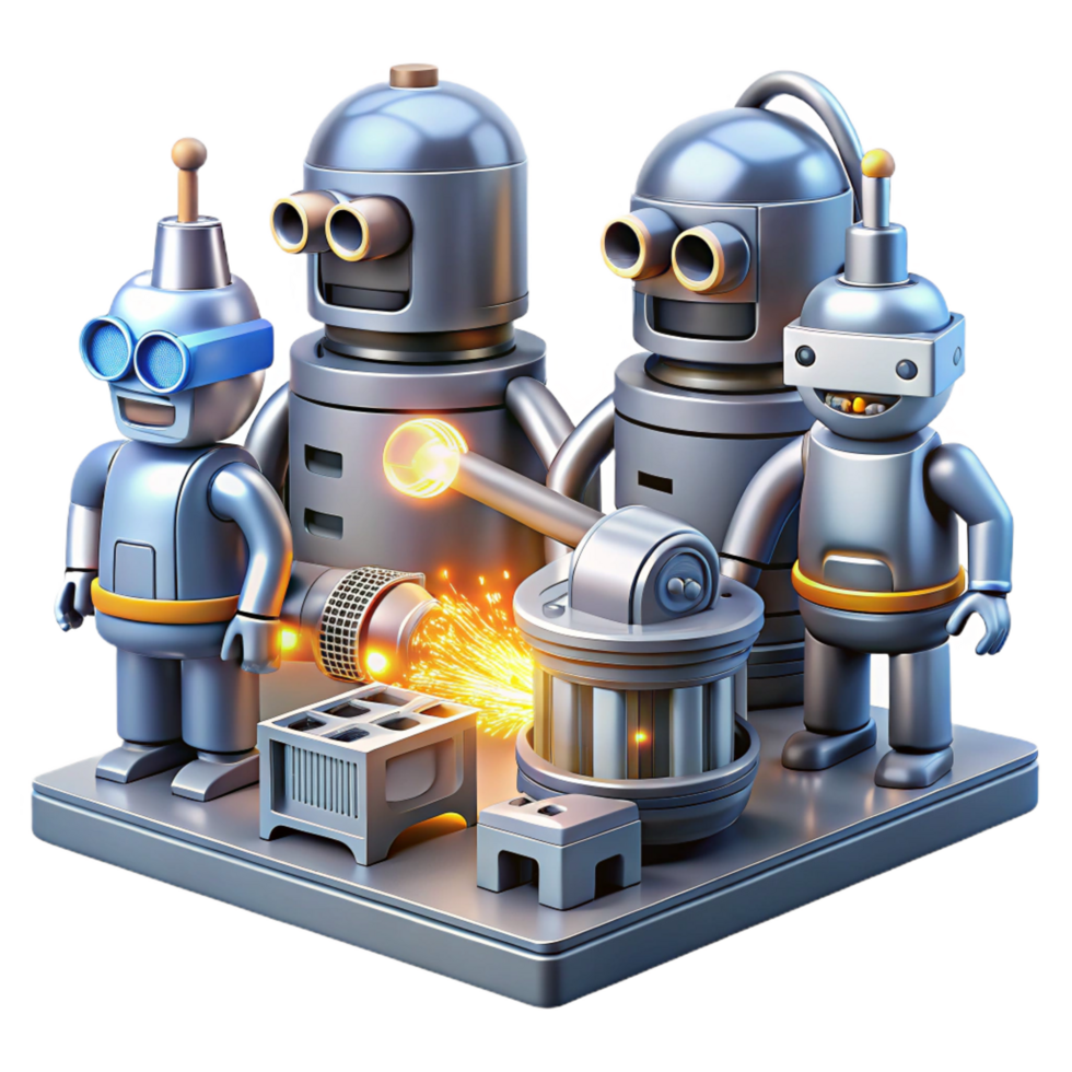 mesmerizing distinctive A group of robots working in a futuristic factory, sparks flying, bathed in the industrial light. Industrial design style, metallic textures png