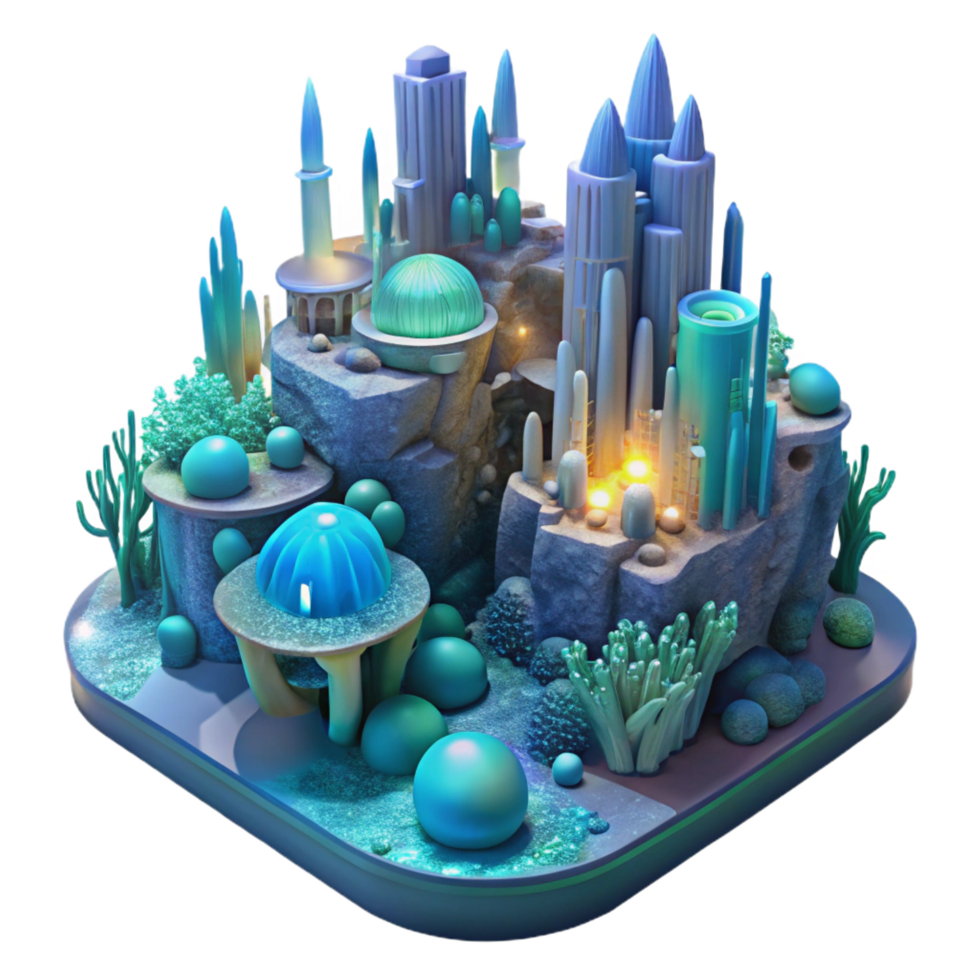 pristine exemplary Underwater city with bioluminescent coral structures, deep ocean lighting, ethereal, dreamlike, png