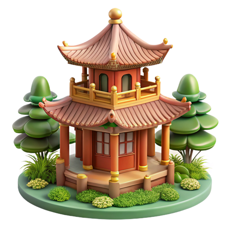 pristine notable A traditional Chinese pagoda, surrounded by lush gardens, soft morning light, serene atmosphere, watercolor painting style, png
