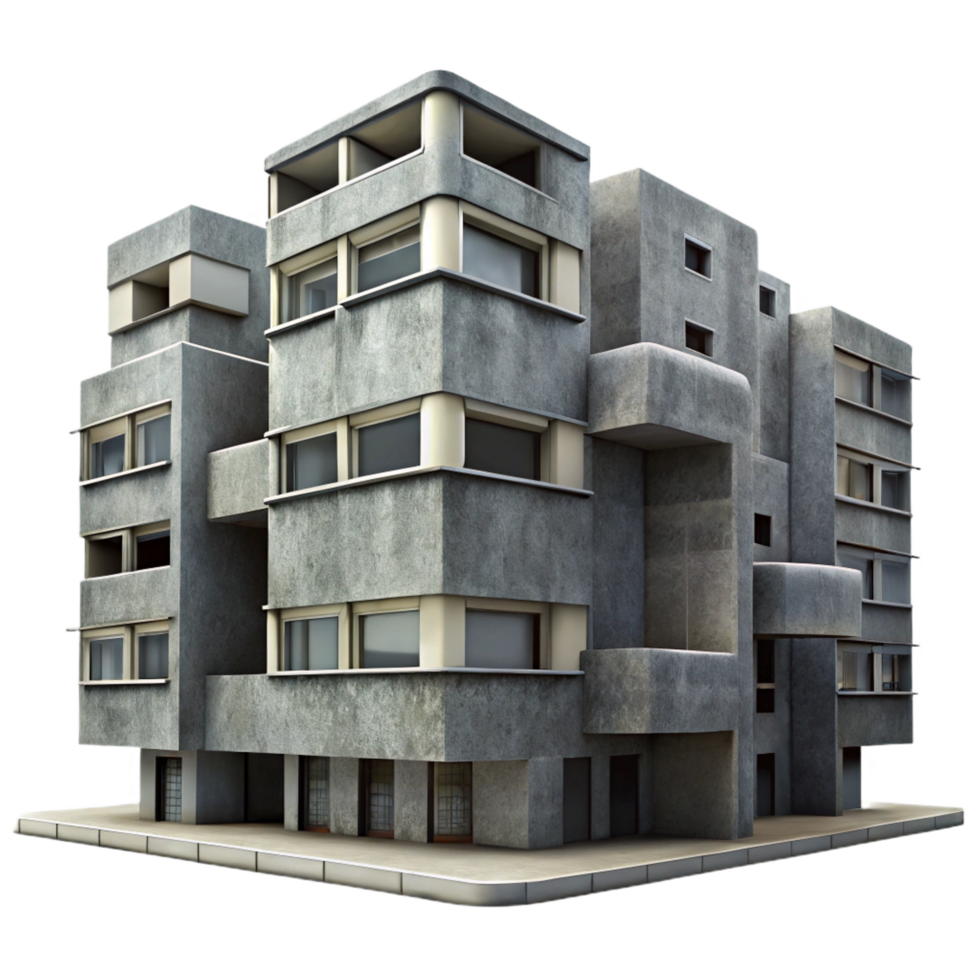 picturesque retro Brutalism inspired concrete apartment complex, overcast sky, gritty realism, muted colors, perfect clarity png