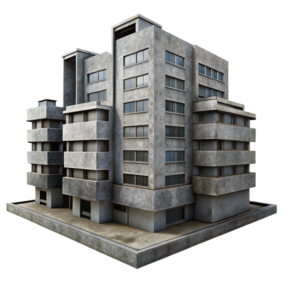 passionate pristine A Brutalist concrete apartment complex, overcast sky, gritty and realistic, urban photography style, artisan png