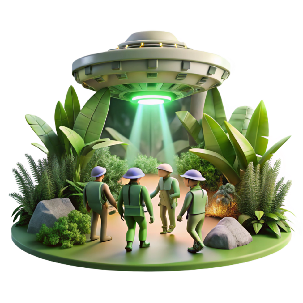 elegant traditional A group of explorers discovering a hidden alien temple, overgrown with vegetation, illuminated by shafts of sunlight. Exploration art style, lush vegetation high quality png