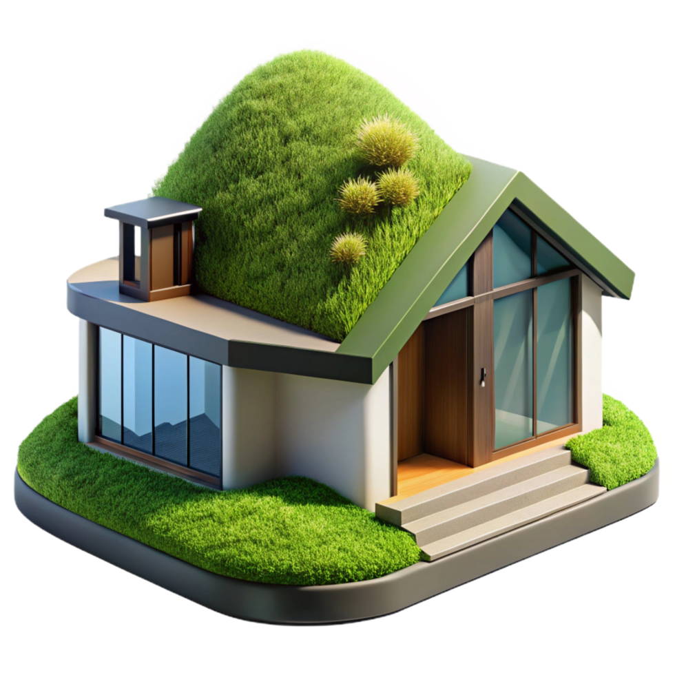 romantic vibrant A modern, eco friendly house built into a hillside, green roof, natural lighting, sustainable architecture, 8K png