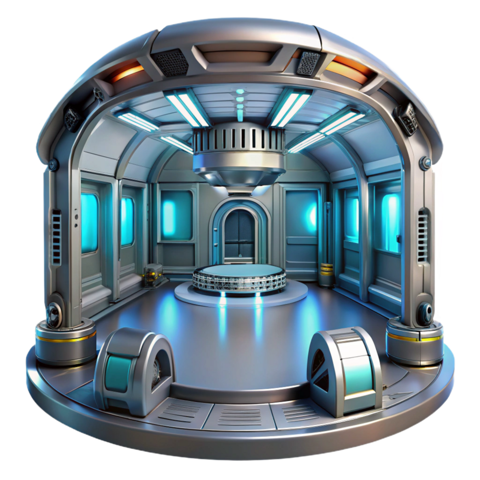alluring rare Space station interior, sleek metallic surfaces, artificial light, futuristic, sci fi style png