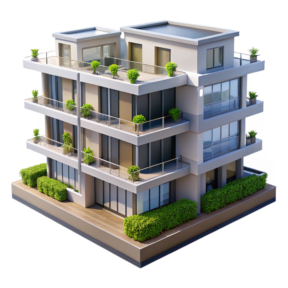 sumptuous tranquil industrial A modern apartment building, balcony gardens, sustainable architecture, architectural rendering, masterfully captured png