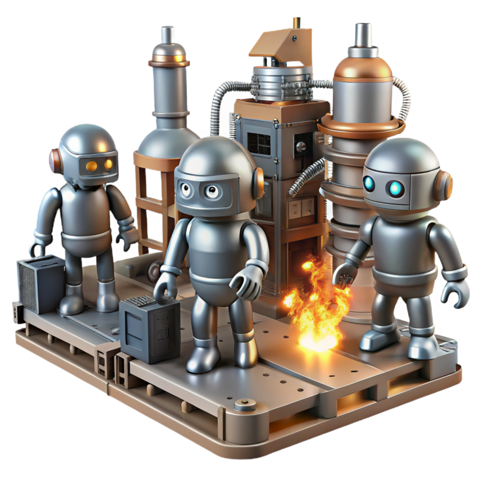 enchanting celebrated A group of robots working in a futuristic factory, sparks flying, industrial and gritty, steampunk style png