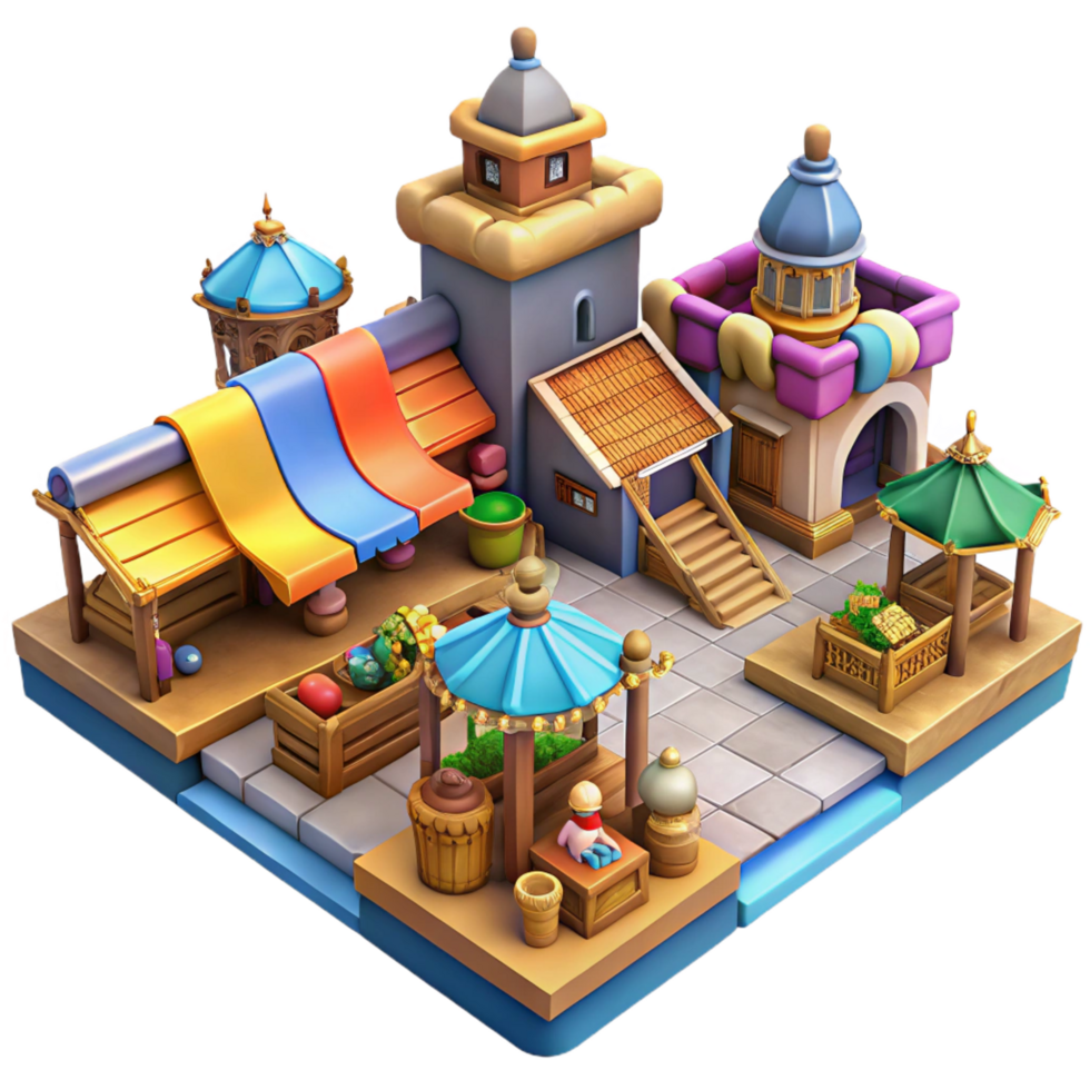 timeless traditional A bustling medieval marketplace, vibrant colors, detailed architecture, lively atmosphere, isometric perspective, authentic png