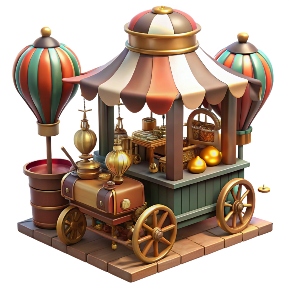 vibrant classic A bustling steampunk marketplace, filled with quirky vendors and bizarre inventions, diffused daylight, vibrant, painterly style elite png