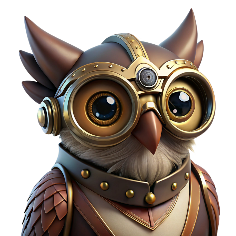 timeless rustic A close up portrait of a steampunk owl, goggles and intricate brass mechanisms, dark, moody lighting, hyperrealistic style 8K png