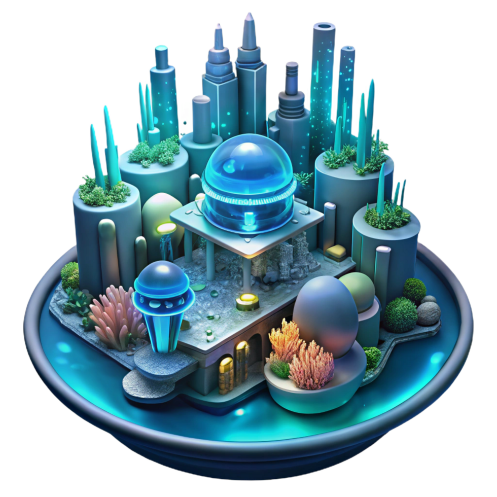 unforgettable modern A futuristic city built underwater, bioluminescent coral reefs, underwater lighting, science fiction style flawless png