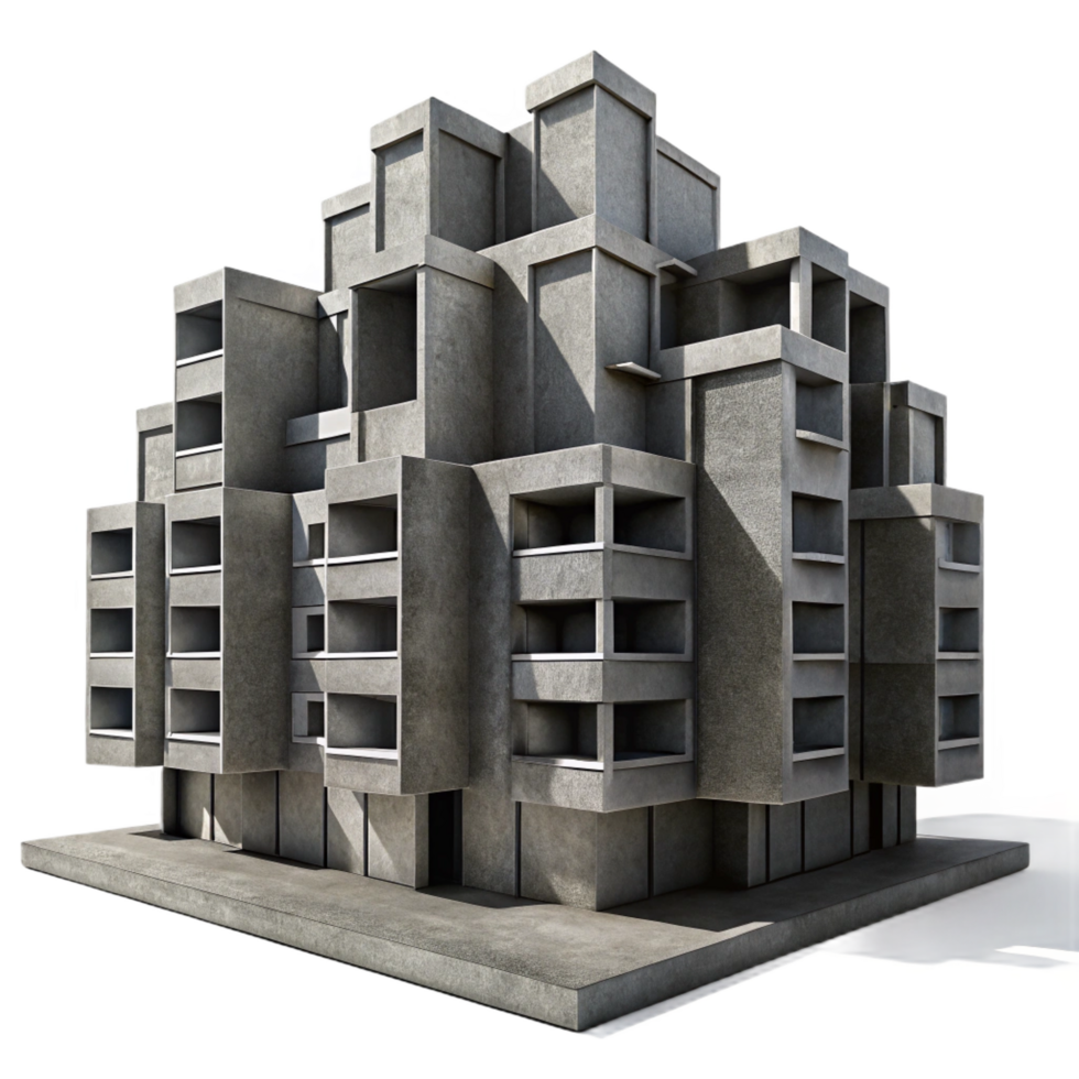 tranquil picturesque A Brutalist concrete apartment complex, repetitive geometric patterns, harsh shadows, dystopian atmosphere, monochrome, genuine png