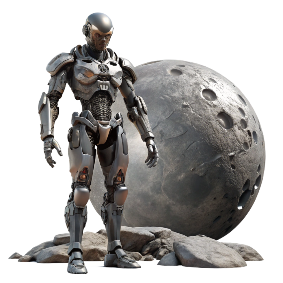 calm wonderful A cyborg with intricate mechanical augmentations, standing on a desolate, windswept alien planet, gazing at a shattered moon. Greg Rutkowski style, muted color palette detailed png
