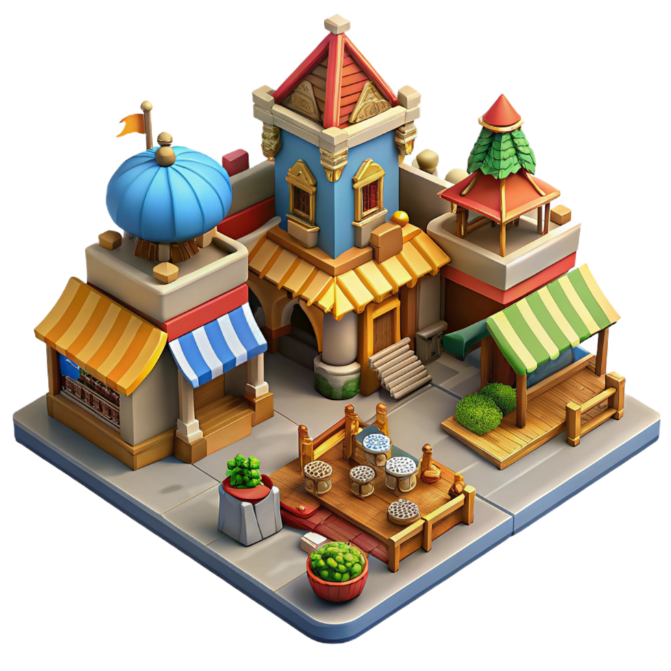 unforgettable art deco A bustling medieval marketplace, vibrant colors, detailed architecture, lively atmosphere, isometric perspective, perfect clarity png