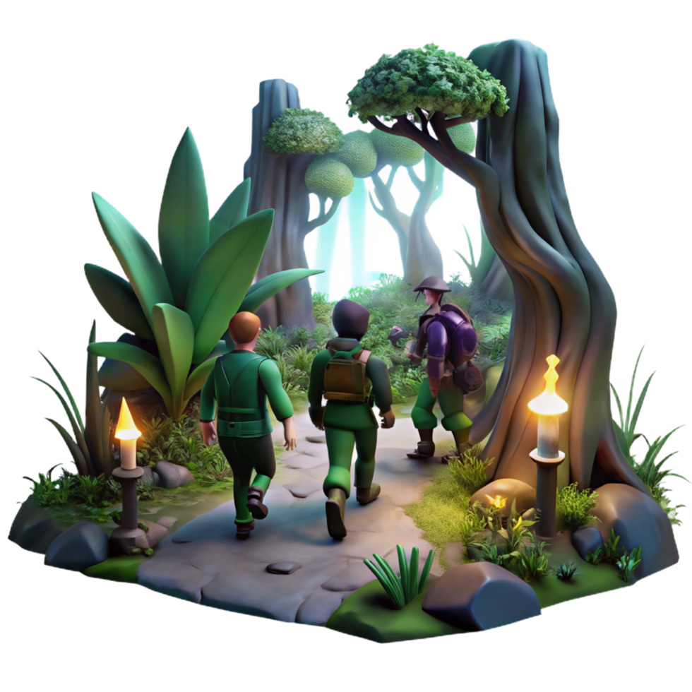 distinguished traditional A group of adventurers exploring a dark, overgrown forest, dim, mysterious lighting, fantasy art style 8K png