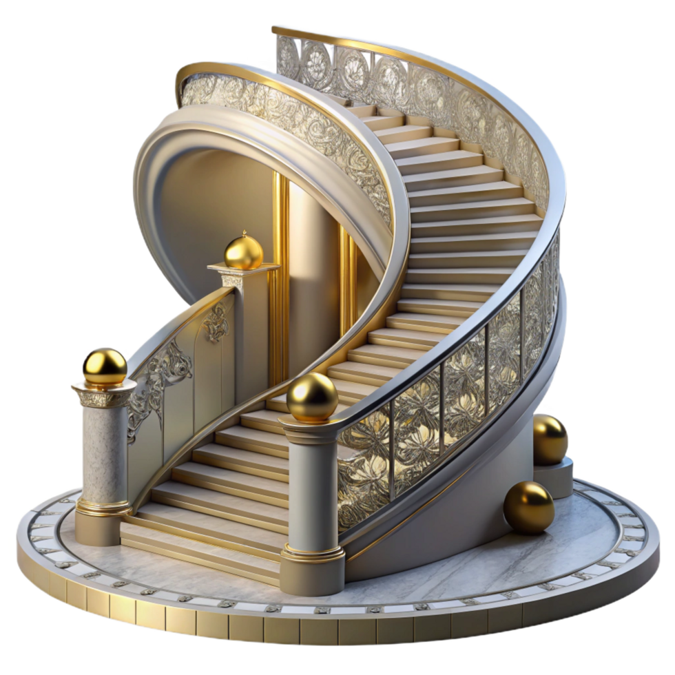 whimsical captivating A grand staircase spiraling upwards, marble and gold details, ornate style, dramatic lighting, high resolution png