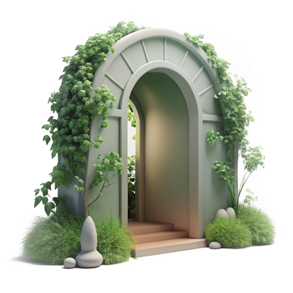 exquisite renaissance An arched doorway leading to a hidden garden, overgrown with vines, soft natural light, romantic style, premium png