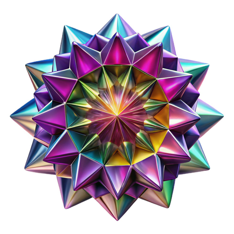 calm radiant A kaleidoscope of fragmented geometric shapes in vibrant jewel tones, illuminated by a rotating spotlight, abstract expressionist style premium png
