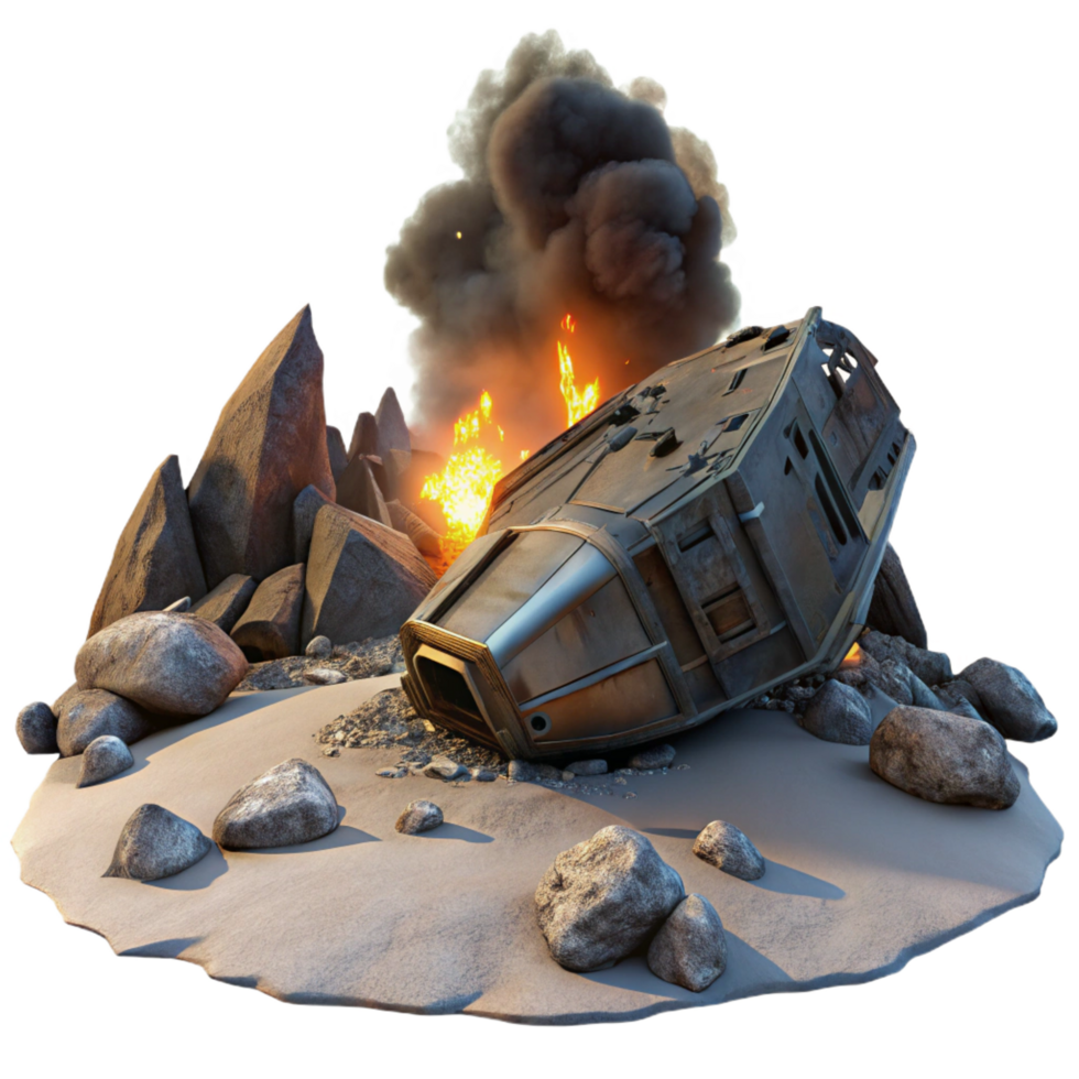 sought after creative A crashed spaceship on a desolate alien planet, smoke rising from the wreckage, lit by the eerie glow of a nearby nebula. Photorealistic, dramatic lighting sharp png