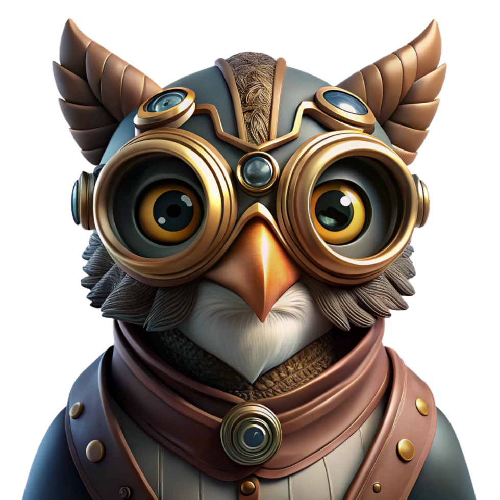 alluring coveted A close up portrait of a steampunk owl, goggles and intricate brass mechanisms, dark, moody lighting, hyperrealistic style png