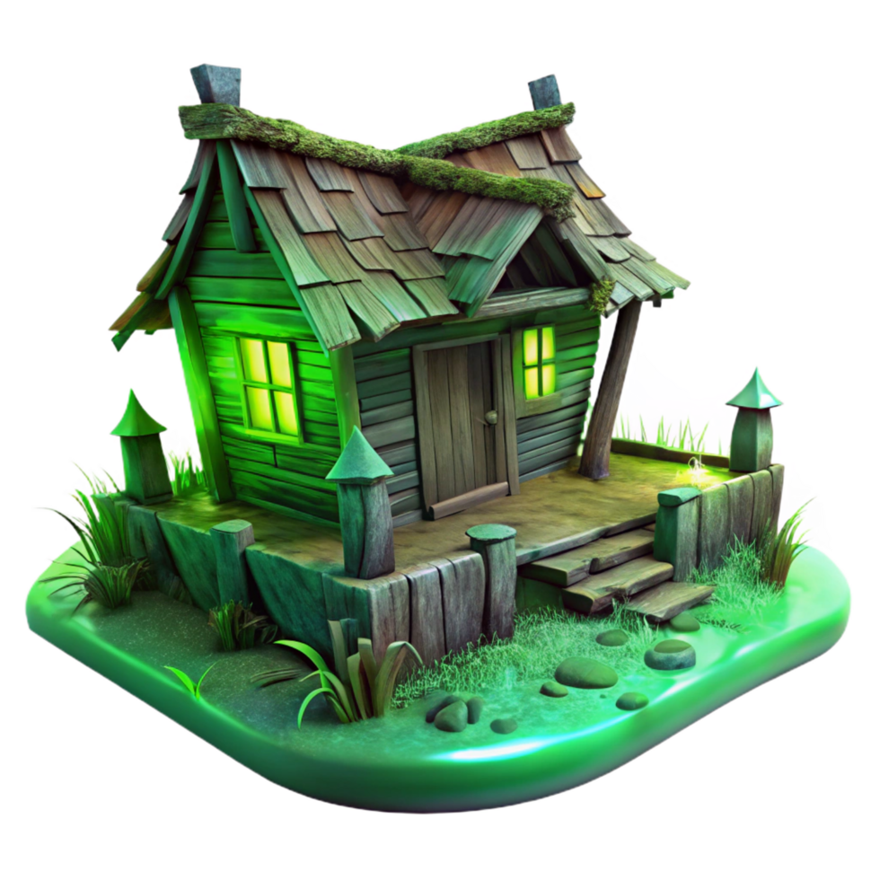 breathtaking urban A dilapidated wooden shack in a swamp, eerie green lighting, horror style, studio quality png