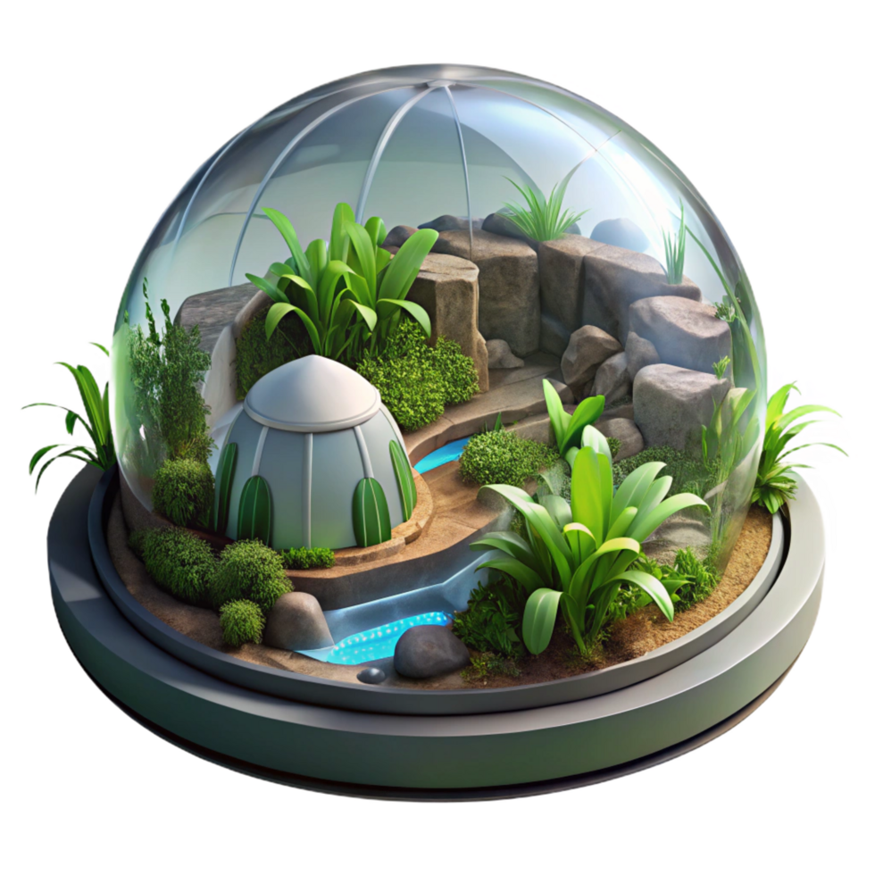 gorgeous exceptional A glass dome biosphere, lush vegetation, futuristic architecture, science fiction style, digital art, png