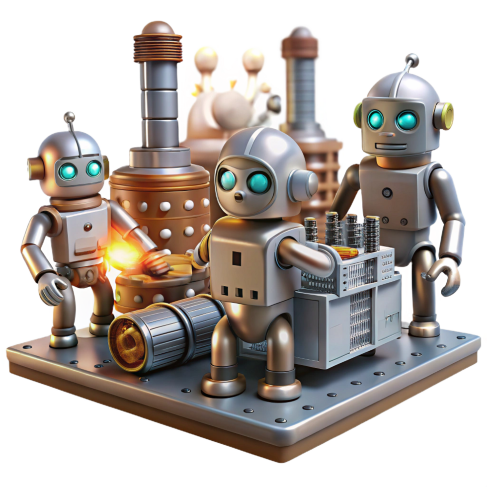 unforgettable rustic A group of robots working in a futuristic factory, sparks flying, industrial and gritty, steampunk style premium png