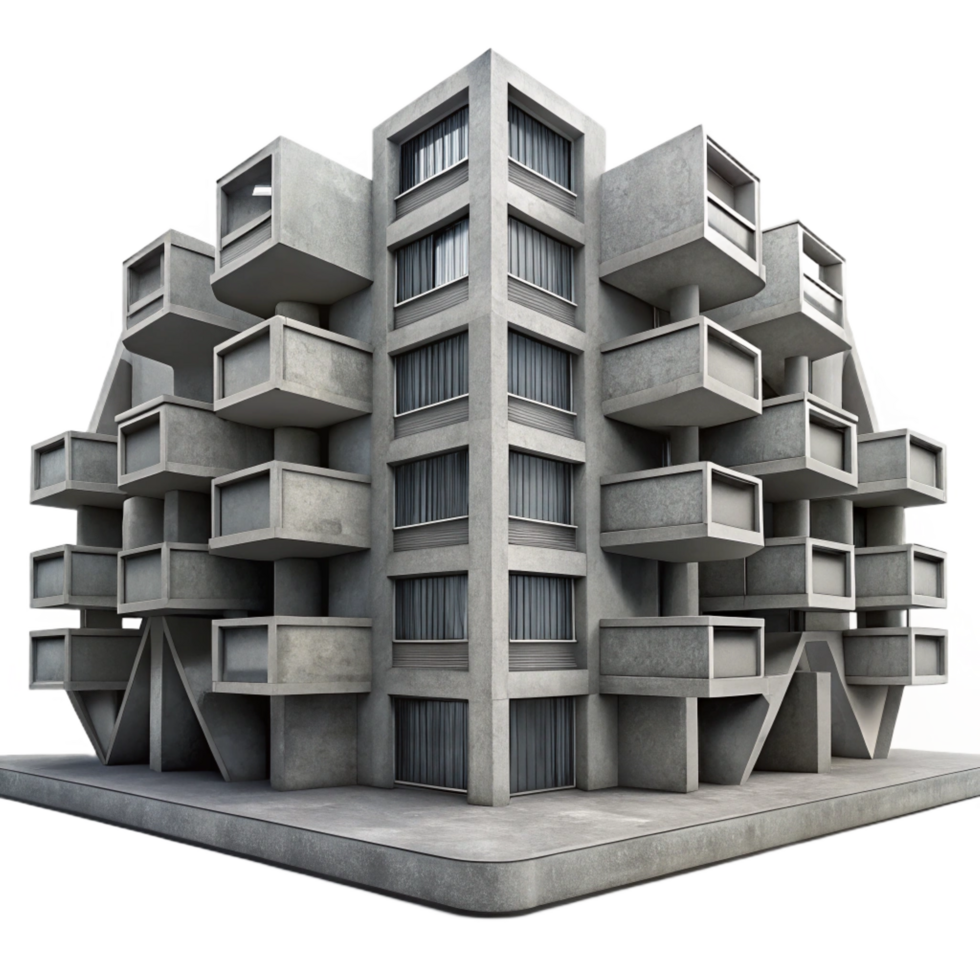 inspired avant garde A Brutalist concrete apartment complex, repetitive geometric patterns, harsh shadows, dystopian atmosphere, monochrome, perfect clarity png