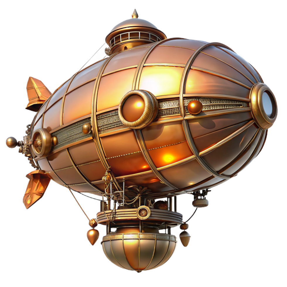 dazzling timeless A majestic steampunk airship, brass and copper, intricate clockwork gears visible, illuminated by a warm, golden sunset, highly detailed, cinematic lighting png