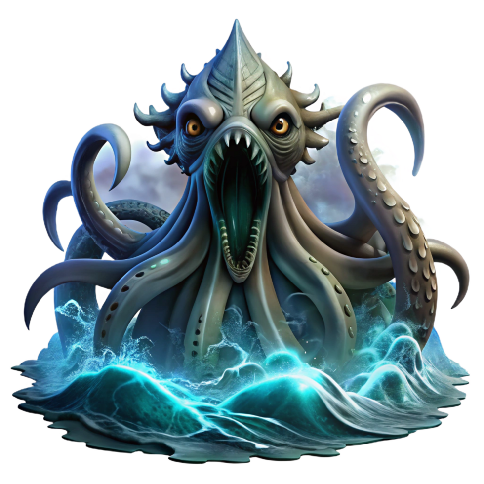 mesmerizing memorable A majestic kraken emerging from the ocean, stormy lighting, dark fantasy style png
