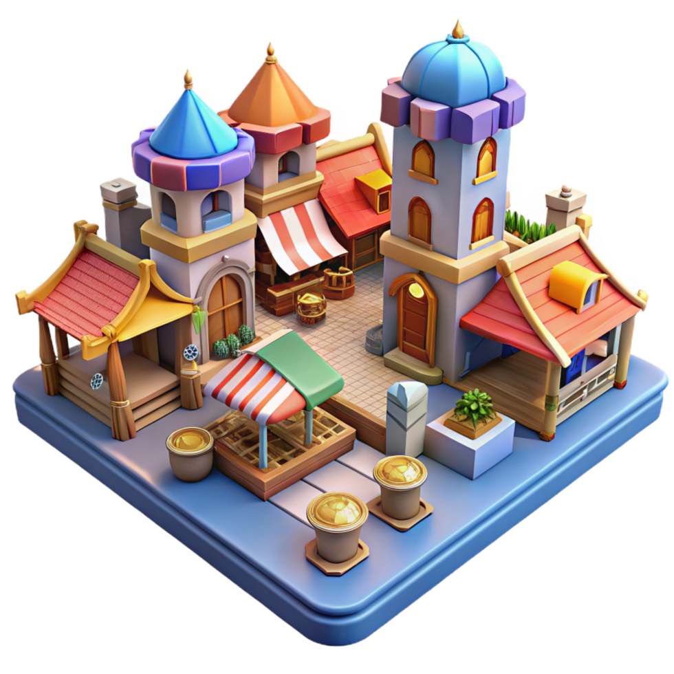 melancholic pristine A bustling medieval marketplace, vibrant colors, detailed architecture, lively atmosphere, isometric perspective, perfect clarity png