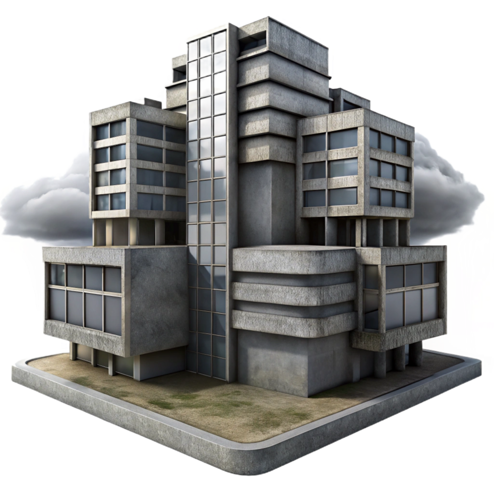 pristine distinctive A Brutalist concrete apartment complex, harsh shadows, overcast sky, dystopian atmosphere, photorealistic, png