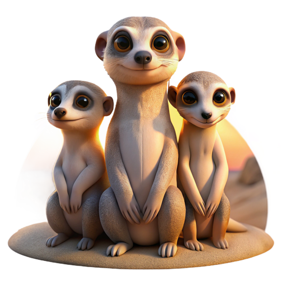 vibrant standout A family of meerkats huddled together in the desert at dawn, warm, earthy tones, photorealistic style png