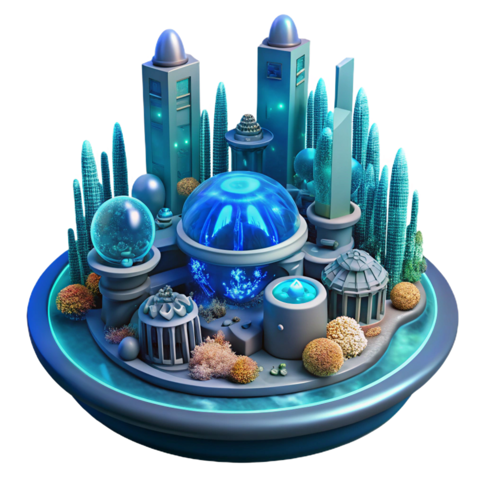 reflective splendid A futuristic city built underwater, bioluminescent coral reefs, underwater lighting, science fiction style authentic png