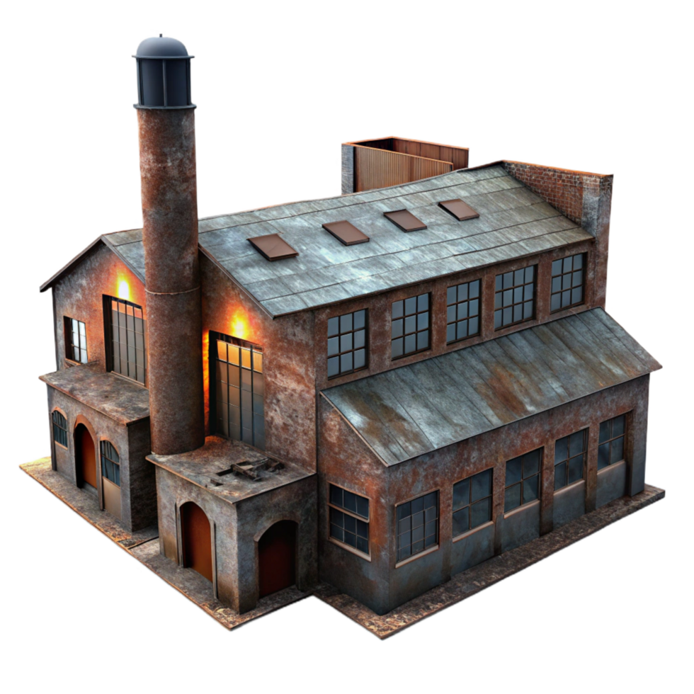vibrant vintage An abandoned industrial factory, rusty metal, broken windows, eerie atmosphere, dimly lit, photorealistic, authentic png