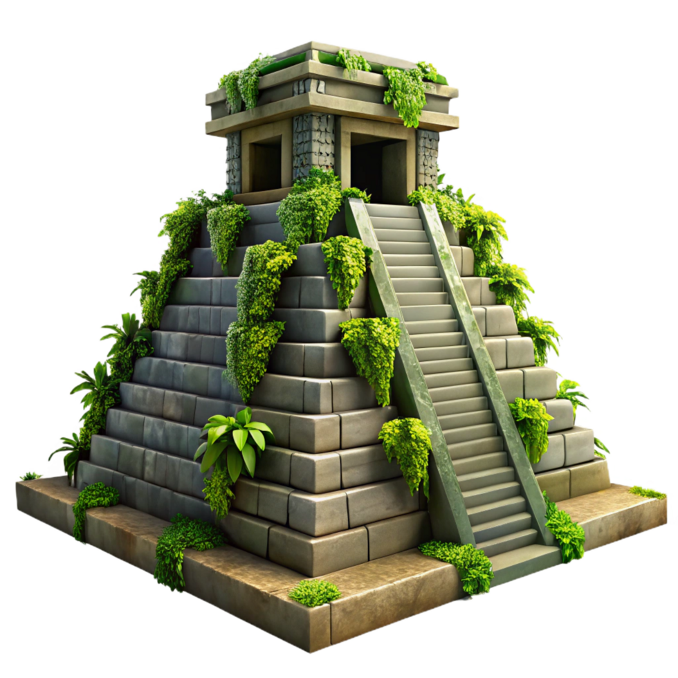 exquisite coastal An ancient Mayan pyramid temple, overgrown with vines, dramatic lighting, hyperrealistic, cinematic angle, premium png