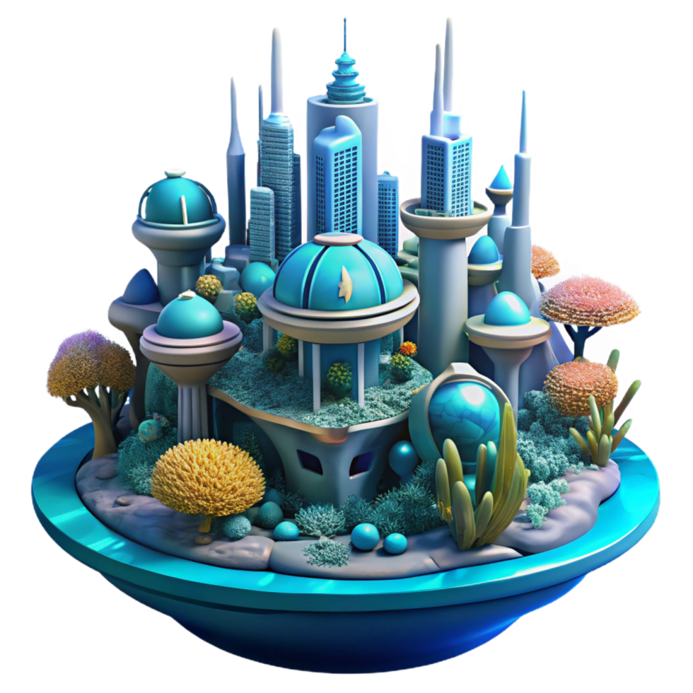 impressive timeless Underwater city, bioluminescent coral reefs, futuristic architecture, science fiction style, digital painting, png