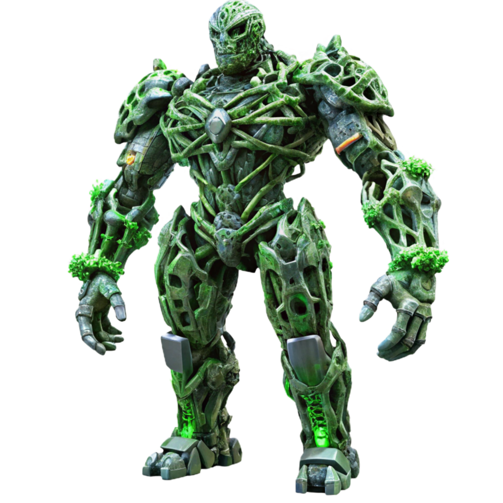 reflective pristine A colossal robotic sentinel, composed of interwoven metallic vines, stands guard over a desolate, alien landscape. Eerie, green backlighting. Dark fantasy style high quality png