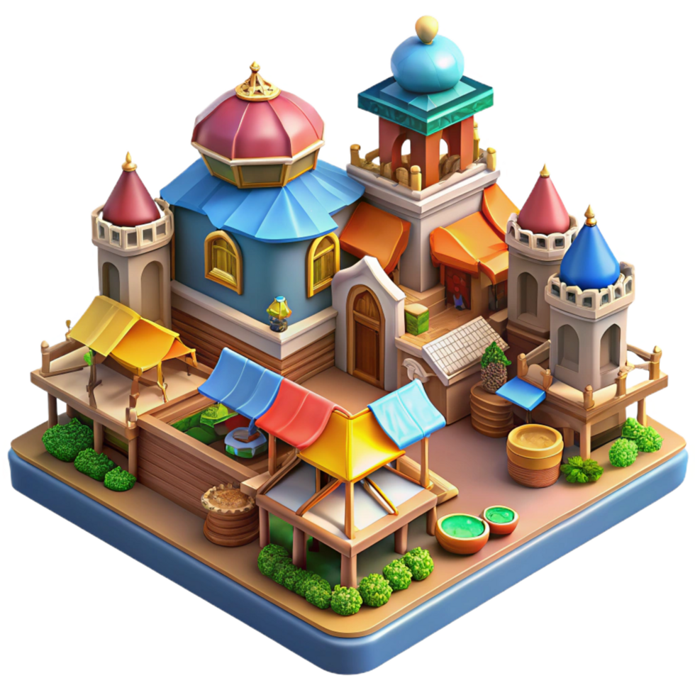 dynamic magnificent A bustling medieval marketplace, vibrant colors, detailed architecture, lively atmosphere, isometric perspective, ultra HD png