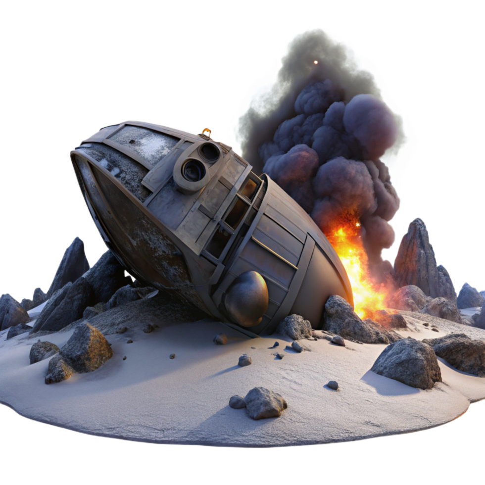 sumptuous gothic A crashed spaceship on a desolate alien planet, smoke rising from the wreckage, lit by the eerie glow of a nearby nebula. Photorealistic, dramatic lighting genuine png