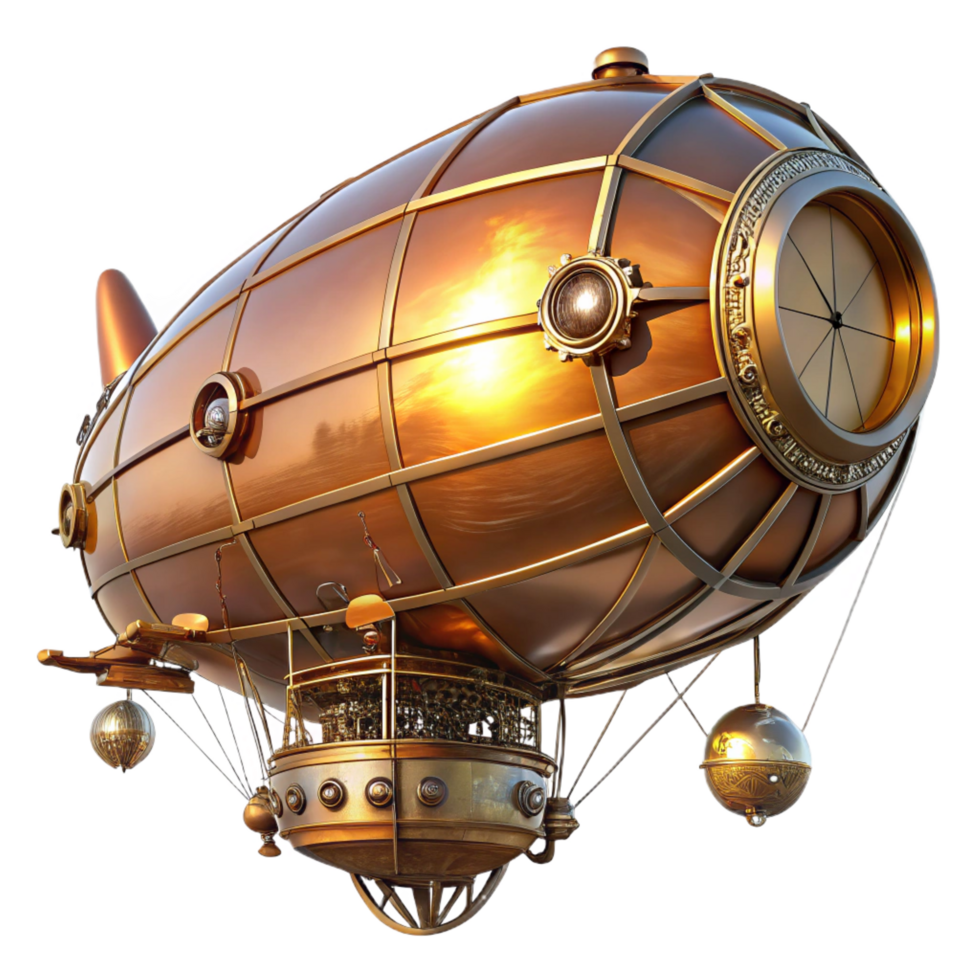 splendid romantic classic A majestic steampunk airship, brass and copper, intricate clockwork gears visible, illuminated by a warm, golden sunset, highly detailed, cinematic lighting 8K png