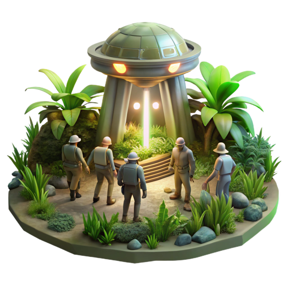 impressive passionate avant garde A group of explorers discovering a hidden alien temple, overgrown with vegetation, illuminated by shafts of sunlight. Exploration art style, lush vegetation crisp png