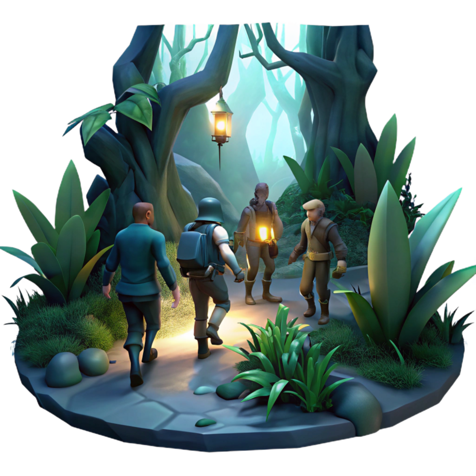 alluring contemporary A group of adventurers exploring a dark, overgrown forest, dim, mysterious lighting, fantasy art style 8K png