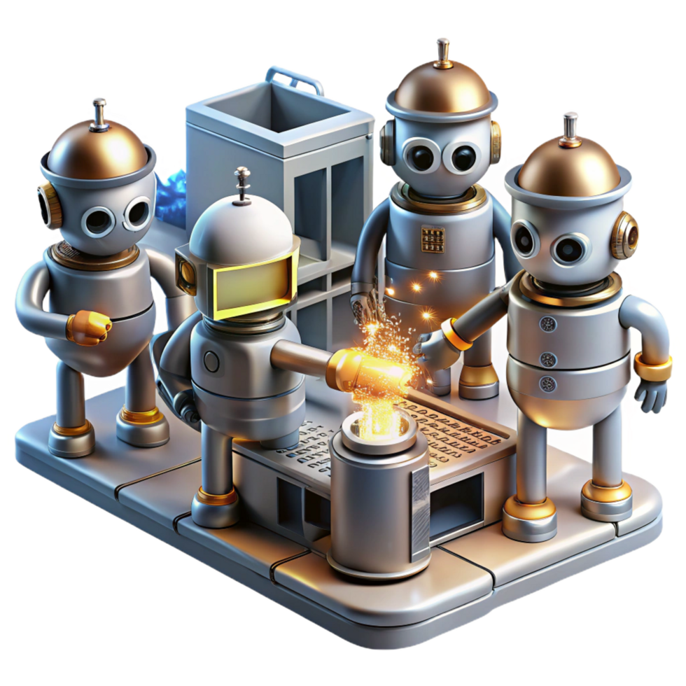 rare bohemian A group of robots working in a futuristic factory, sparks flying, bathed in the industrial light. Industrial design style, metallic textures studio quality png