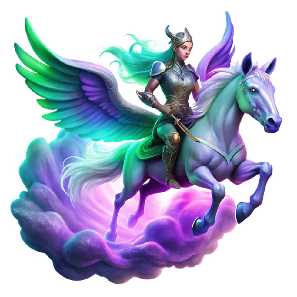 passionate serene A spectral Valkyrie riding a winged horse through a swirling nebula of purple and green, glowing ethereal light, Romantic painting style artisan png