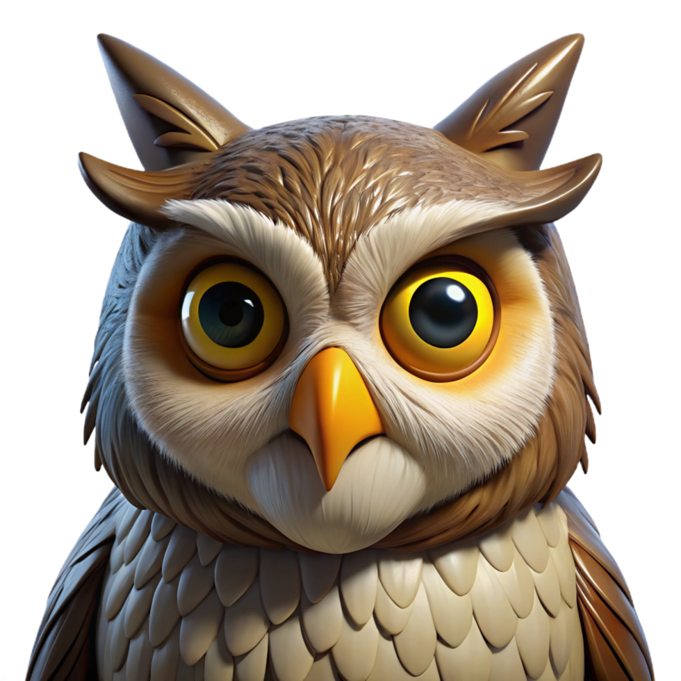 distinctive impressionist Portrait of a wise old owl with piercing yellow eyes, detailed feather textures, and a serious expression. Warm, natural lighting. Realistic animal portrait style luxury png